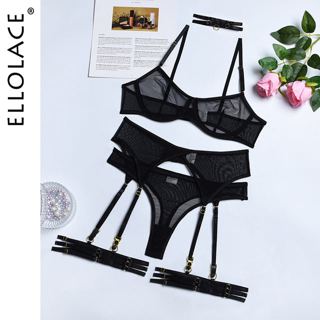 Ellolace Set Woman 4 Pieces Sexy Erotic Lingerie Underwear Bra