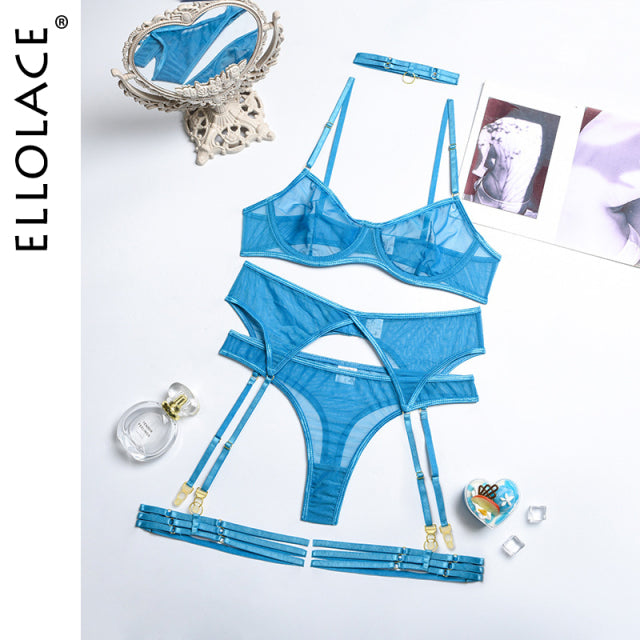 Ellolace Set Woman 4 Pieces Sexy Erotic Lingerie Underwear Bra