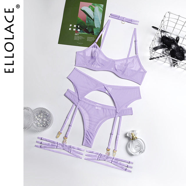 Ellolace Set Woman 4 Pieces Sexy Erotic Lingerie Underwear Bra