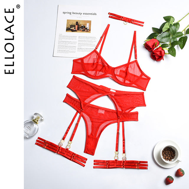 Ellolace Set Woman 4 Pieces Sexy Erotic Lingerie Underwear Bra