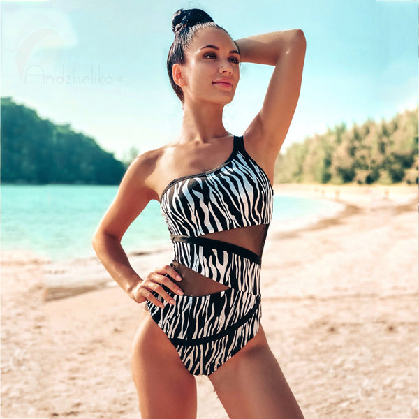 Andzhelika Sexy One Shoulder One Piece Swimsuit New Off Shoulder Mesh Patchwork Swimwear Bodysuit Bathing Suit Monokini