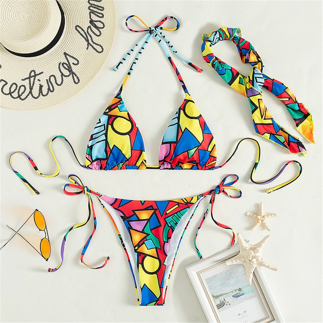 3PCS Halter Printed With Scarf Bikini Women Swimwear Female Swimsuit Three-pieces Bikini set Bather Bathing Suit Swim Lady V3399