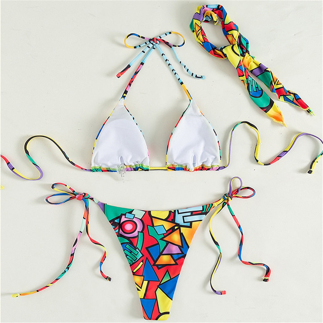 3PCS Halter Printed With Scarf Bikini Women Swimwear Female Swimsuit Three-pieces Bikini set Bather Bathing Suit Swim Lady V3399