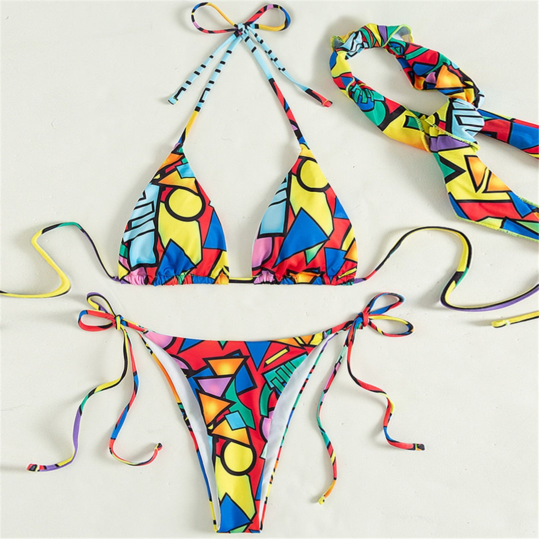 3PCS Halter Printed With Scarf Bikini Women Swimwear Female Swimsuit Three-pieces Bikini set Bather Bathing Suit Swim Lady V3399