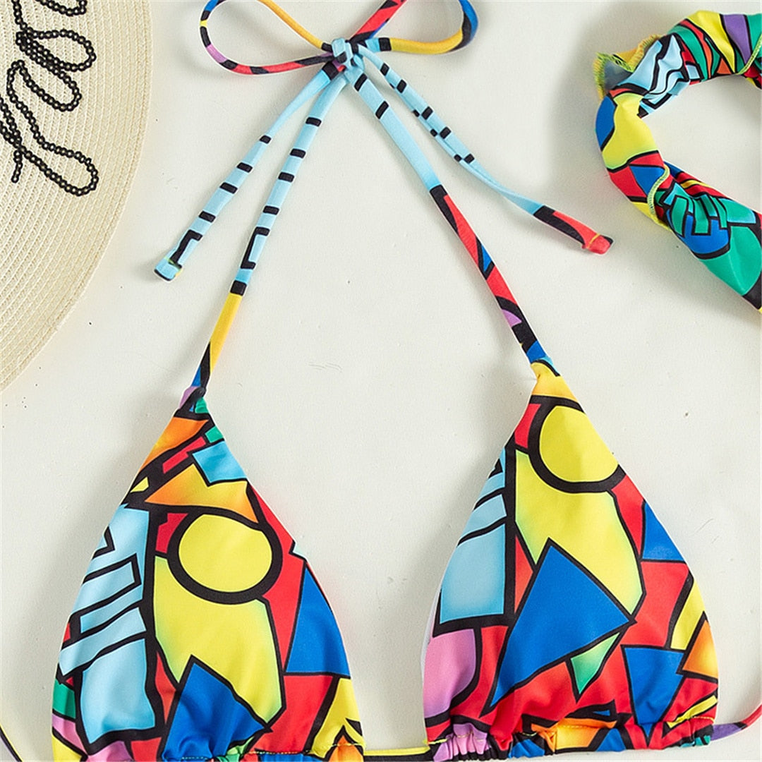 3PCS Halter Printed With Scarf Bikini Women Swimwear Female Swimsuit Three-pieces Bikini set Bather Bathing Suit Swim Lady V3399