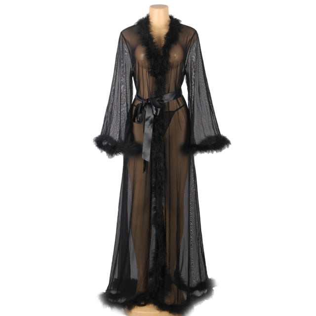 Comeondear Plus Size Lace Robes Kimono Fur Wedding Robe For Bridesmaids And Bride Robe Mesh Sleepwear Night Gown Sexy Lingerie
