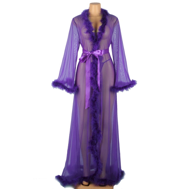 Comeondear Plus Size Lace Robes Kimono Fur Wedding Robe For Bridesmaids And Bride Robe Mesh Sleepwear Night Gown Sexy Lingerie