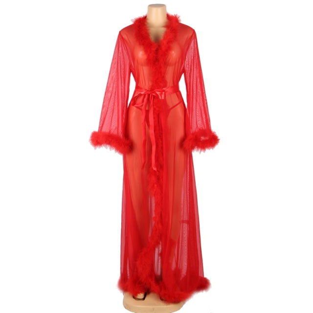 Comeondear Plus Size Lace Robes Kimono Fur Wedding Robe For Bridesmaids And Bride Robe Mesh Sleepwear Night Gown Sexy Lingerie