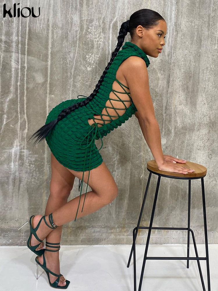 Kliou Stunning Stacked Mini Dress Women Sexy Solid Mock Neck Sleeveless Draw String Bodycon Party Clubwear Elegant Female Skirt