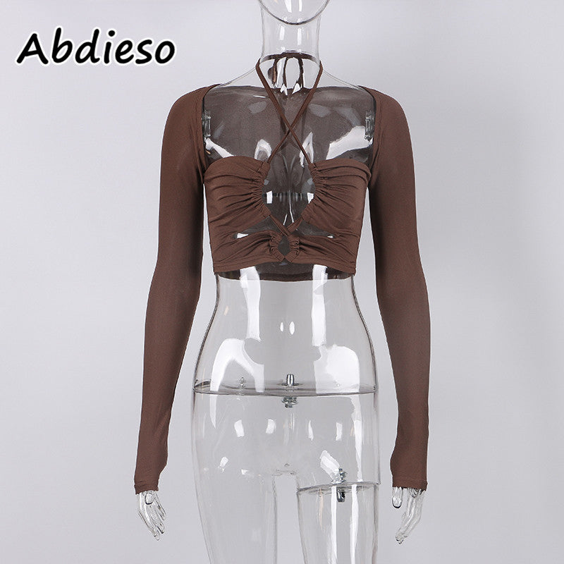 Abdieso Hollow Out Women T Shirts Sexy Halter Crop Top Y2K Black Brown Long Sleeve T Shirts Casual Tops Streetwear