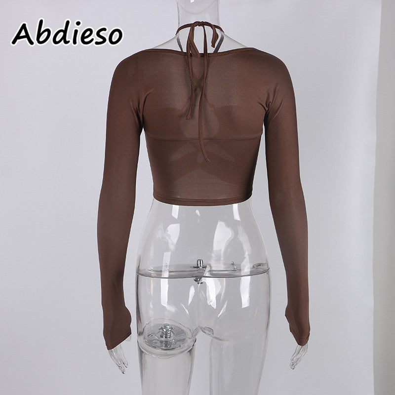 Abdieso Hollow Out Women T Shirts Sexy Halter Crop Top Y2K Black Brown Long Sleeve T Shirts Casual Tops Streetwear