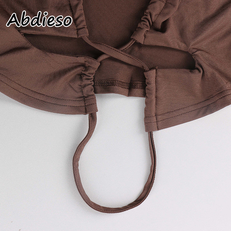 Abdieso Hollow Out Women T Shirts Sexy Halter Crop Top Y2K Black Brown Long Sleeve T Shirts Casual Tops Streetwear