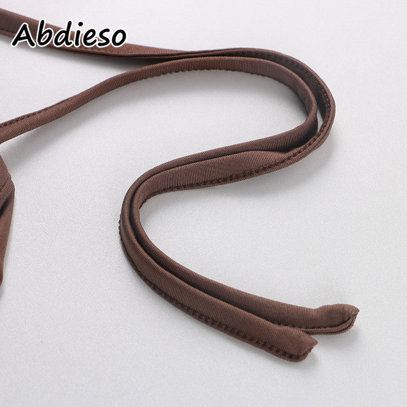 Abdieso Hollow Out Women T Shirts Sexy Halter Crop Top Y2K Black Brown Long Sleeve T Shirts Casual Tops Streetwear