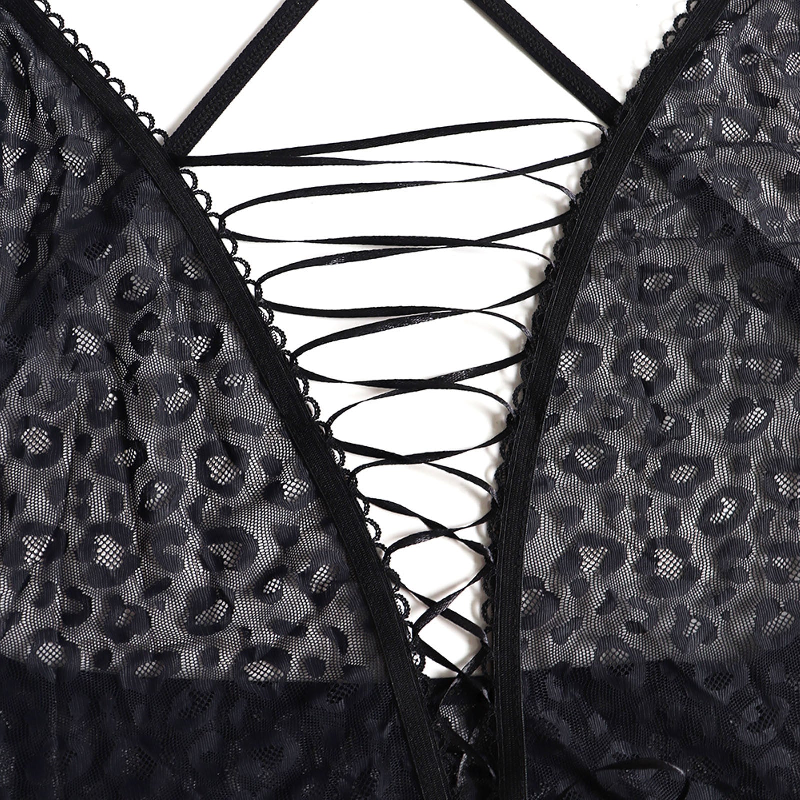 Plus Size Ladies Sexy Leopard-Print Mesh Lace-Up One pc Sexy Lingerie  Femme Underwear ropa sexy mujer Sleepwear