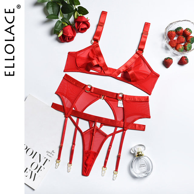Ellolace Lace Hollow Out Lingerie Sexy 3 Piece Set Wireless Lace Erotic Lingerie Underwear Women Set Sensual Lingerie Sexy