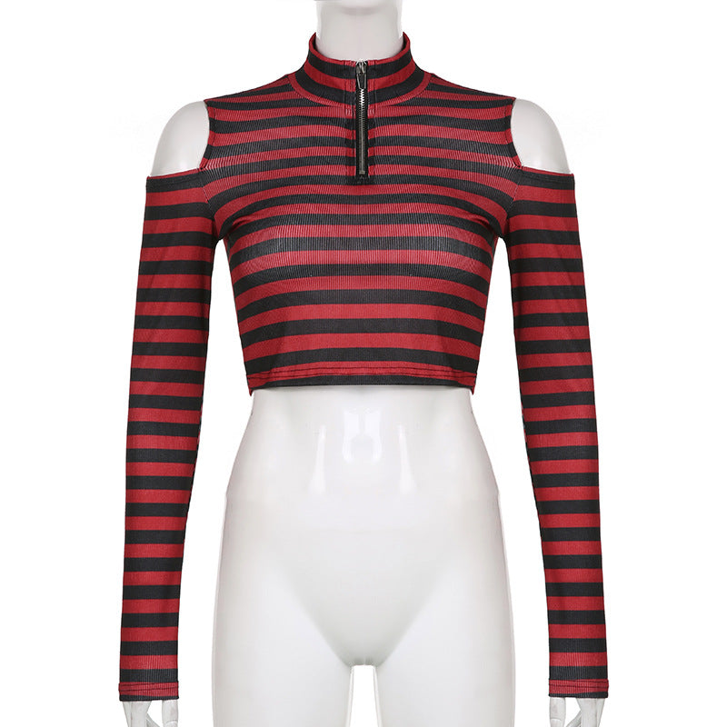 Goth Dark Grunge Striped Mall Gothic Basic T-shirts Punk E-girl Aesthetic Bodycon Casual Crop Tops Long Sleeve Open Shoulder Tee