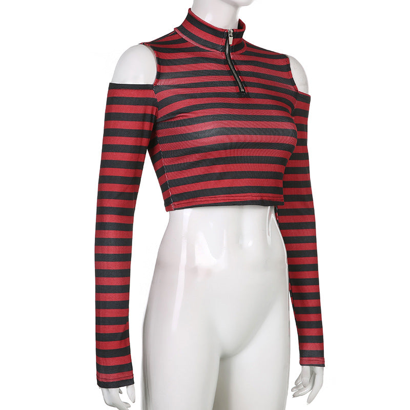 Goth Dark Grunge Striped Mall Gothic Basic T-shirts Punk E-girl Aesthetic Bodycon Casual Crop Tops Long Sleeve Open Shoulder Tee