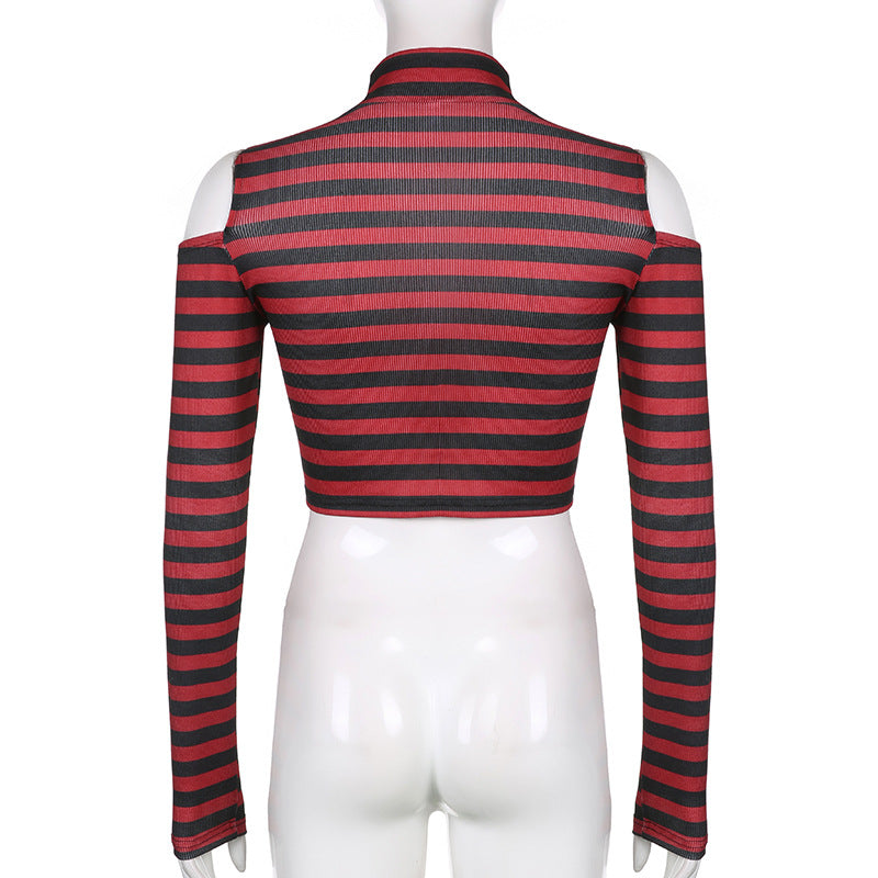 Goth Dark Grunge Striped Mall Gothic Basic T-shirts Punk E-girl Aesthetic Bodycon Casual Crop Tops Long Sleeve Open Shoulder Tee