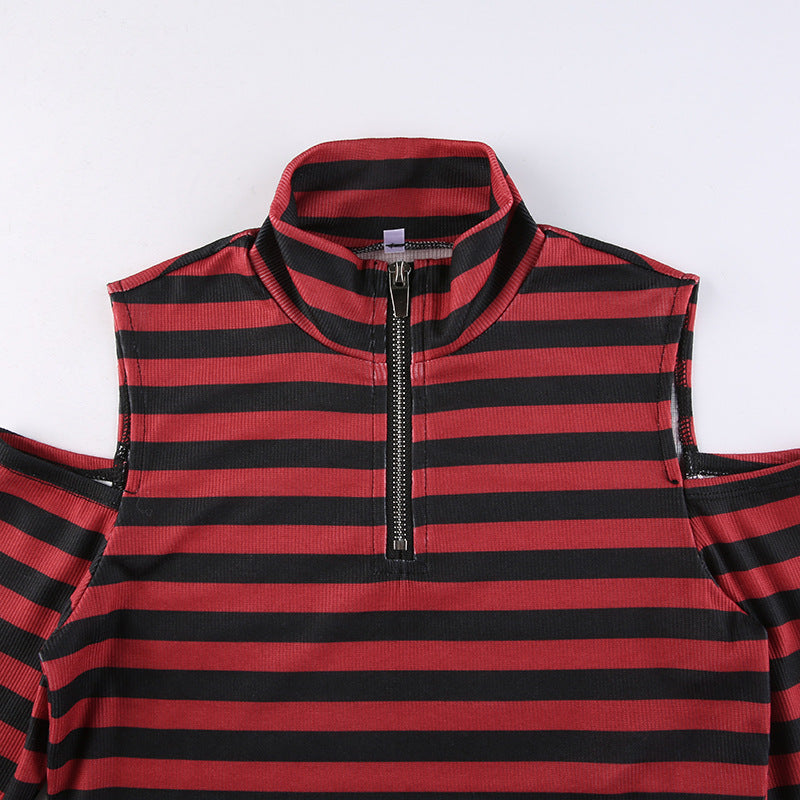 Goth Dark Grunge Striped Mall Gothic Basic T-shirts Punk E-girl Aesthetic Bodycon Casual Crop Tops Long Sleeve Open Shoulder Tee