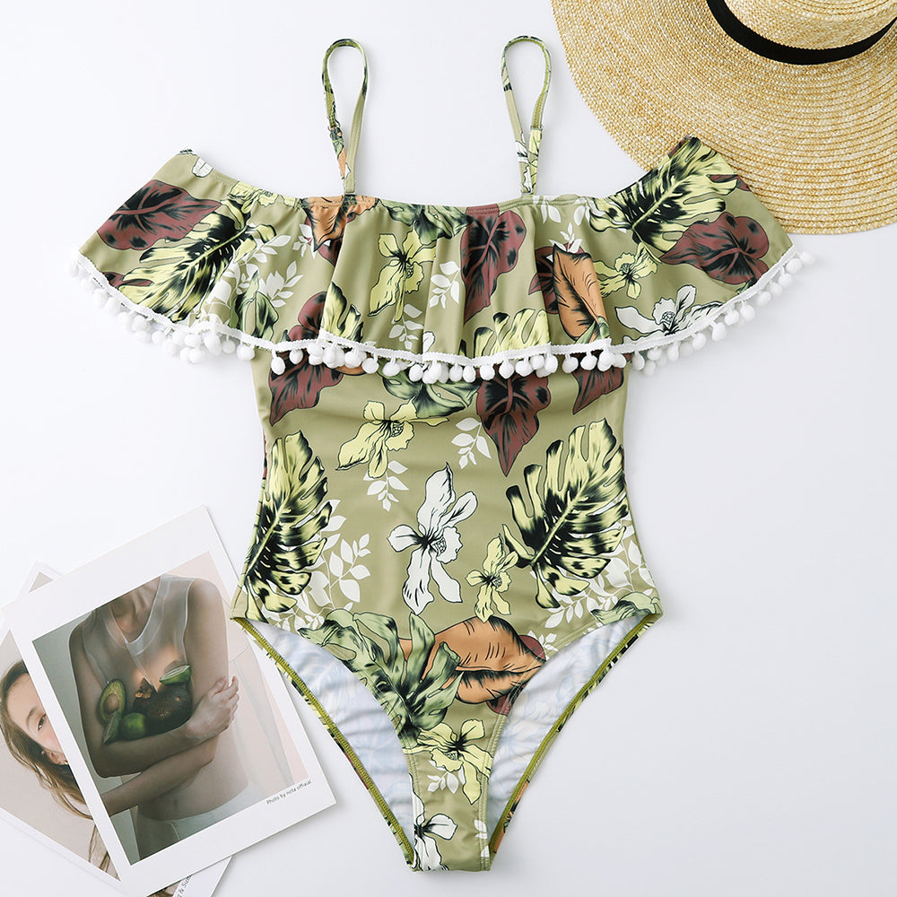 One Piece Swimsuit Swimwear Women Print Ruffle Swimsuit Bodysuit Monokini Female Padded Bathing Suits Beach Wear Summer