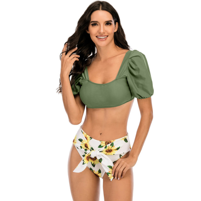 Sexy Bikini New 2 Piece Women Swimsuit Solid Color Short Puff Sleeve Summer High Waist Cut Backless Bathing Suit Beachwear