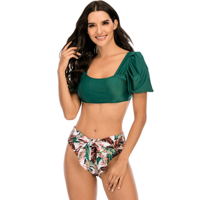 Sexy Bikini New 2 Piece Women Swimsuit Solid Color Short Puff Sleeve Summer High Waist Cut Backless Bathing Suit Beachwear