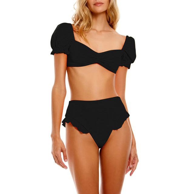 Sexy Bikini New 2 Piece Women Swimsuit Solid Color Short Puff Sleeve Summer High Waist Cut Backless Bathing Suit Beachwear