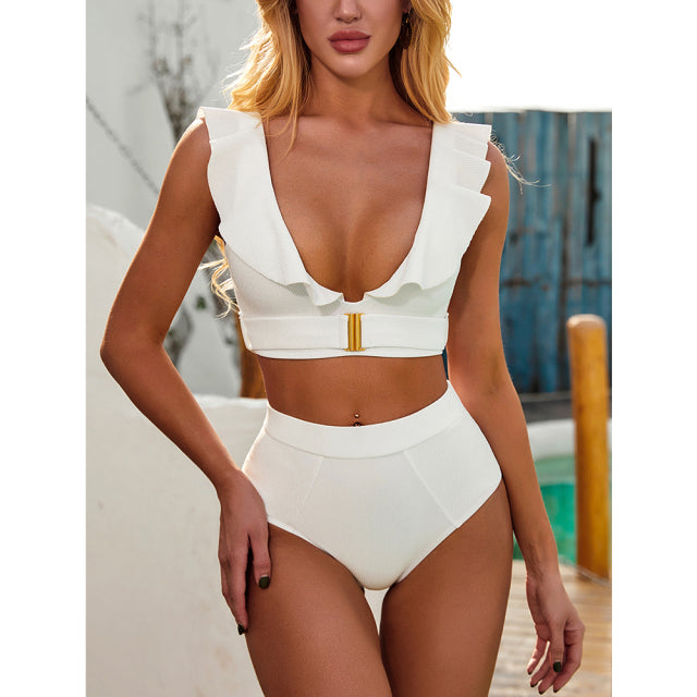 Sexy Bikini New 2 Piece Women Swimsuit Solid Color Short Puff Sleeve Summer High Waist Cut Backless Bathing Suit Beachwear