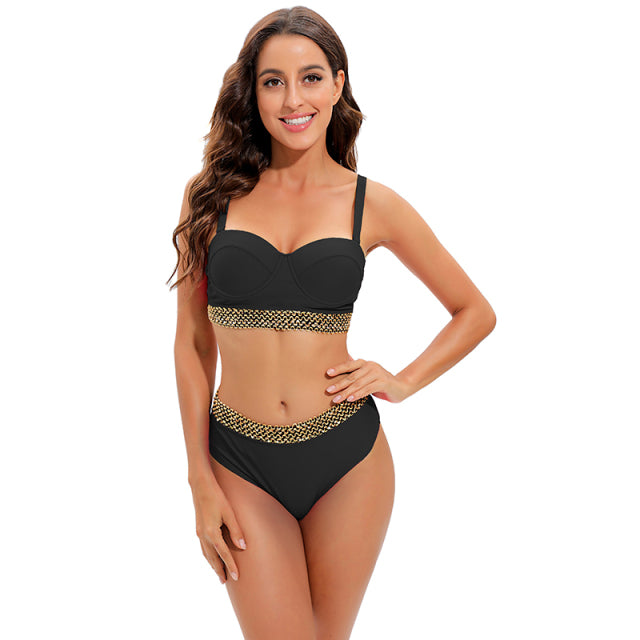 Sexy Bikini New 2 Piece Women Swimsuit Solid Color Short Puff Sleeve Summer High Waist Cut Backless Bathing Suit Beachwear