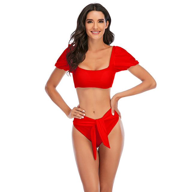 Sexy Bikini New 2 Piece Women Swimsuit Solid Color Short Puff Sleeve Summer High Waist Cut Backless Bathing Suit Beachwear