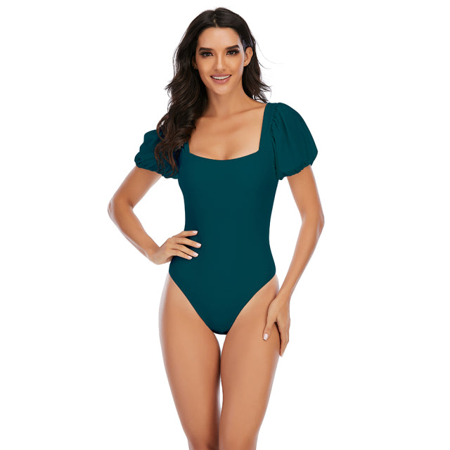 Sexy Bikini New 2 Piece Women Swimsuit Solid Color Short Puff Sleeve Summer High Waist Cut Backless Bathing Suit Beachwear