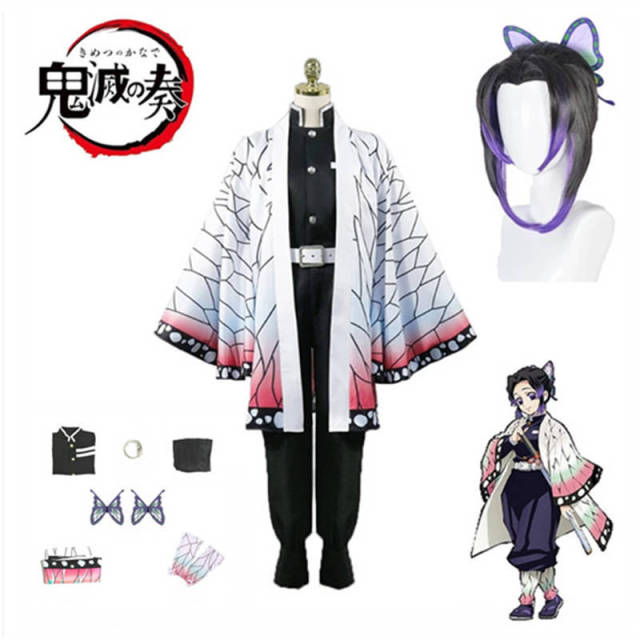 Anime Demon Slayer Kimetsu No Yaiba Kochou Shinobu Cosplay Costume Wig Set Kimono Uniform Halloween Anime Costumes for Adult Kid