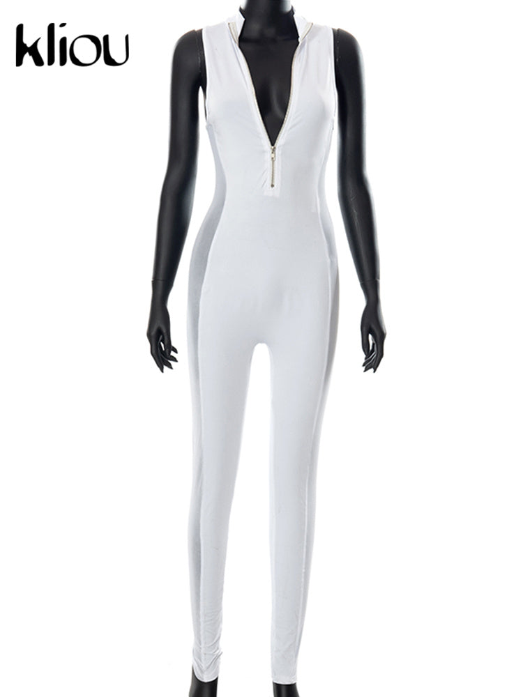 Kliou Side Mesh Patchwork Jumpsuit Women Hipster Fashion Sexy See Through Zipper One Pieces Sheath Seamless Sleeveless Clubwear