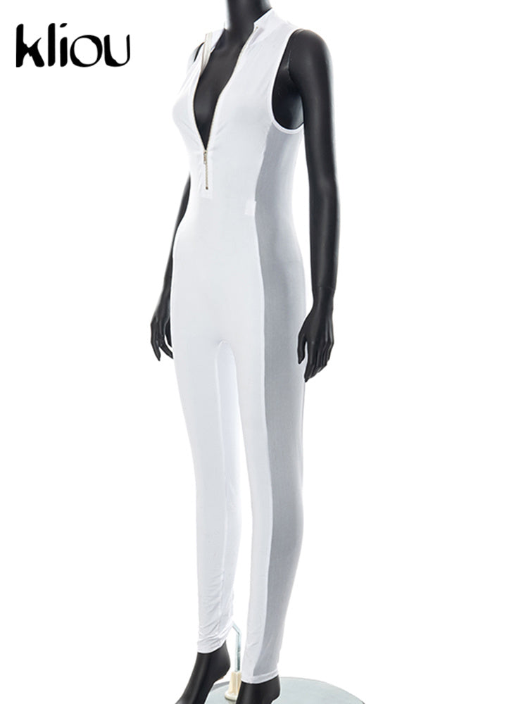 Kliou Side Mesh Patchwork Jumpsuit Women Hipster Fashion Sexy See Through Zipper One Pieces Sheath Seamless Sleeveless Clubwear
