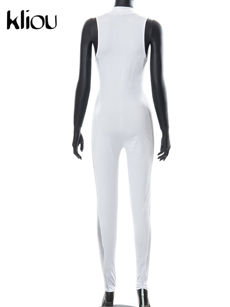 Kliou Side Mesh Patchwork Jumpsuit Women Hipster Fashion Sexy See Through Zipper One Pieces Sheath Seamless Sleeveless Clubwear