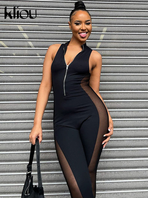 Kliou Side Mesh Patchwork Jumpsuit Women Hipster Fashion Sexy See Through Zipper One Pieces Sheath Seamless Sleeveless Clubwear