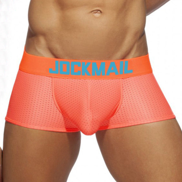 JOCKMAIL fashion solid color men underwear polyester fiber mesh boxer briefs sports breathable underpants low waist large trunks