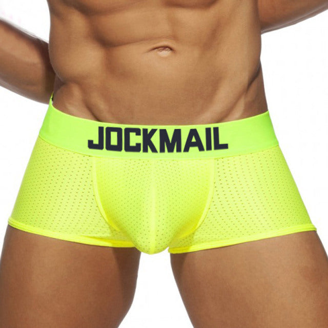JOCKMAIL fashion solid color men underwear polyester fiber mesh boxer briefs sports breathable underpants low waist large trunks