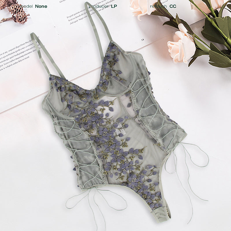 Comeondear One Piece Floral Plus Size Lingerie Bodysuit Teddy Mesh Bodysuit Lace Up Embroidered Top Summer Women Shorts Jumpsuit