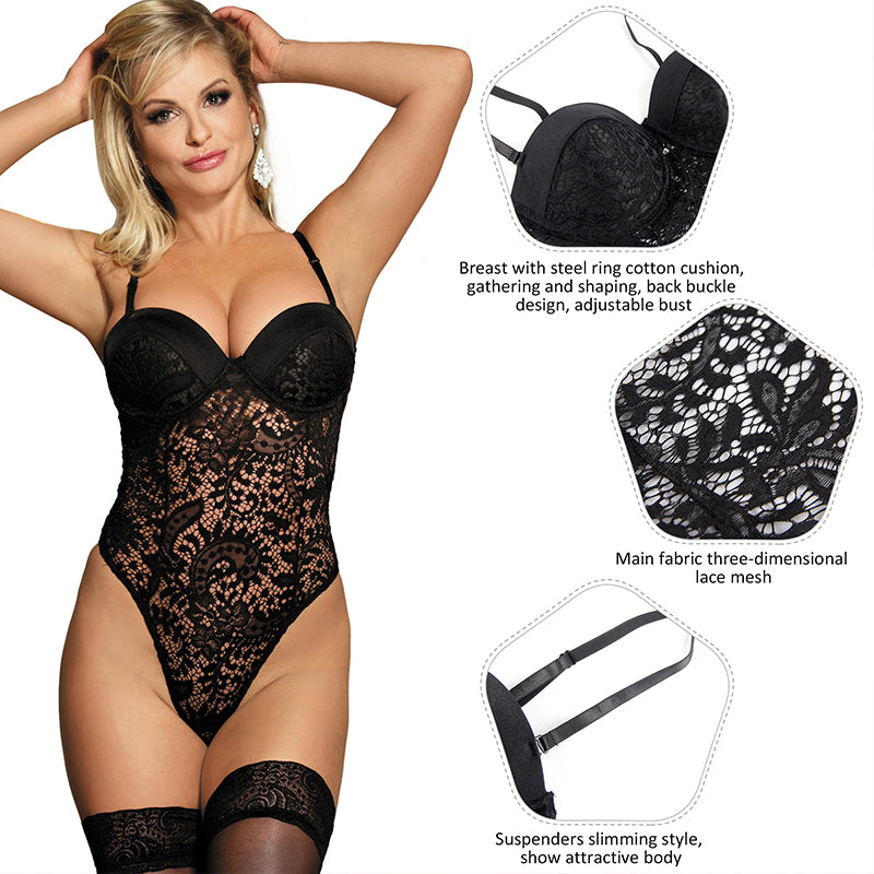 Comeondear Plus Size Bodysuit Push-up Body Fiesta Sheer Lace Bodysuit Bodycon Jumpsuit Transparent Romper Woman Club Body Tops