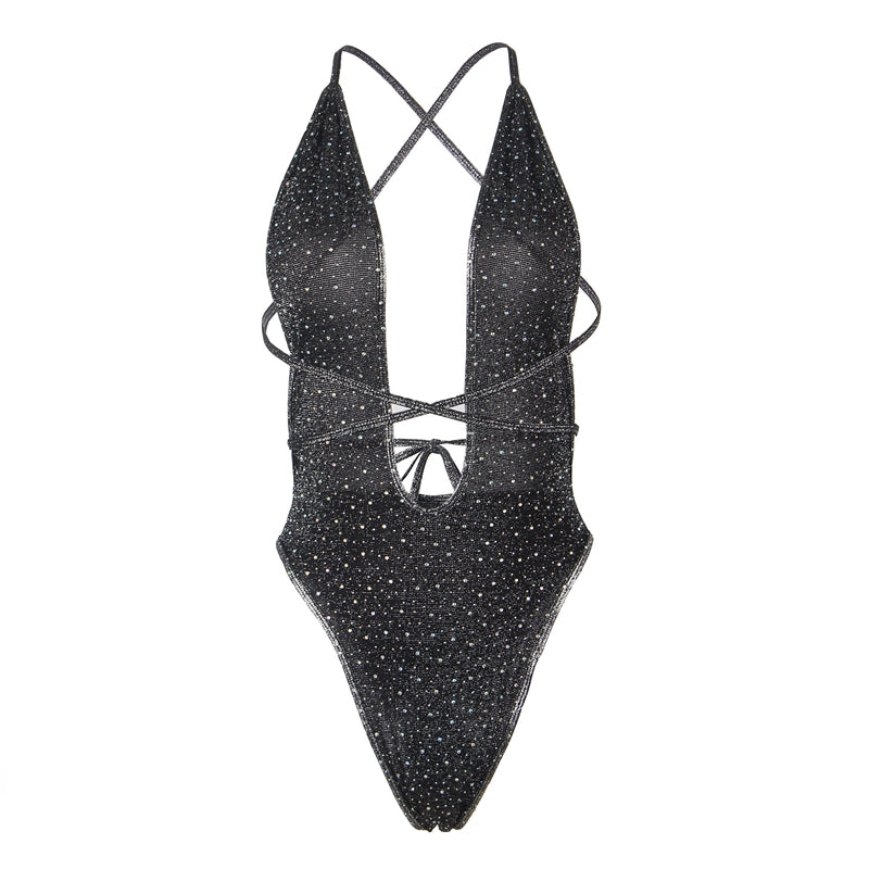 Comeondear Plus Size Leotard Bodysuit Body Tops Crystal Diamond Bodysuit Lingerie for Women Deep V Halter Rhinestone Jumpsuit