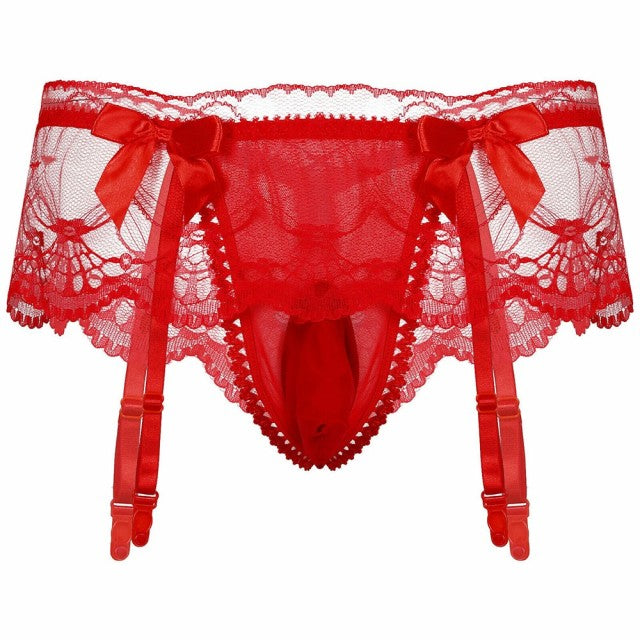 Men Ruffled Briefs with Garters Sexy Thongs Suspender Sock Clip Underwear Erotic Lingerie Sissy Panty Penis Bulge Pouch G-string