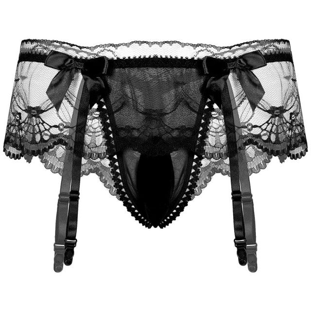 Men Ruffled Briefs with Garters Sexy Thongs Suspender Sock Clip Underwear Erotic Lingerie Sissy Panty Penis Bulge Pouch G-string
