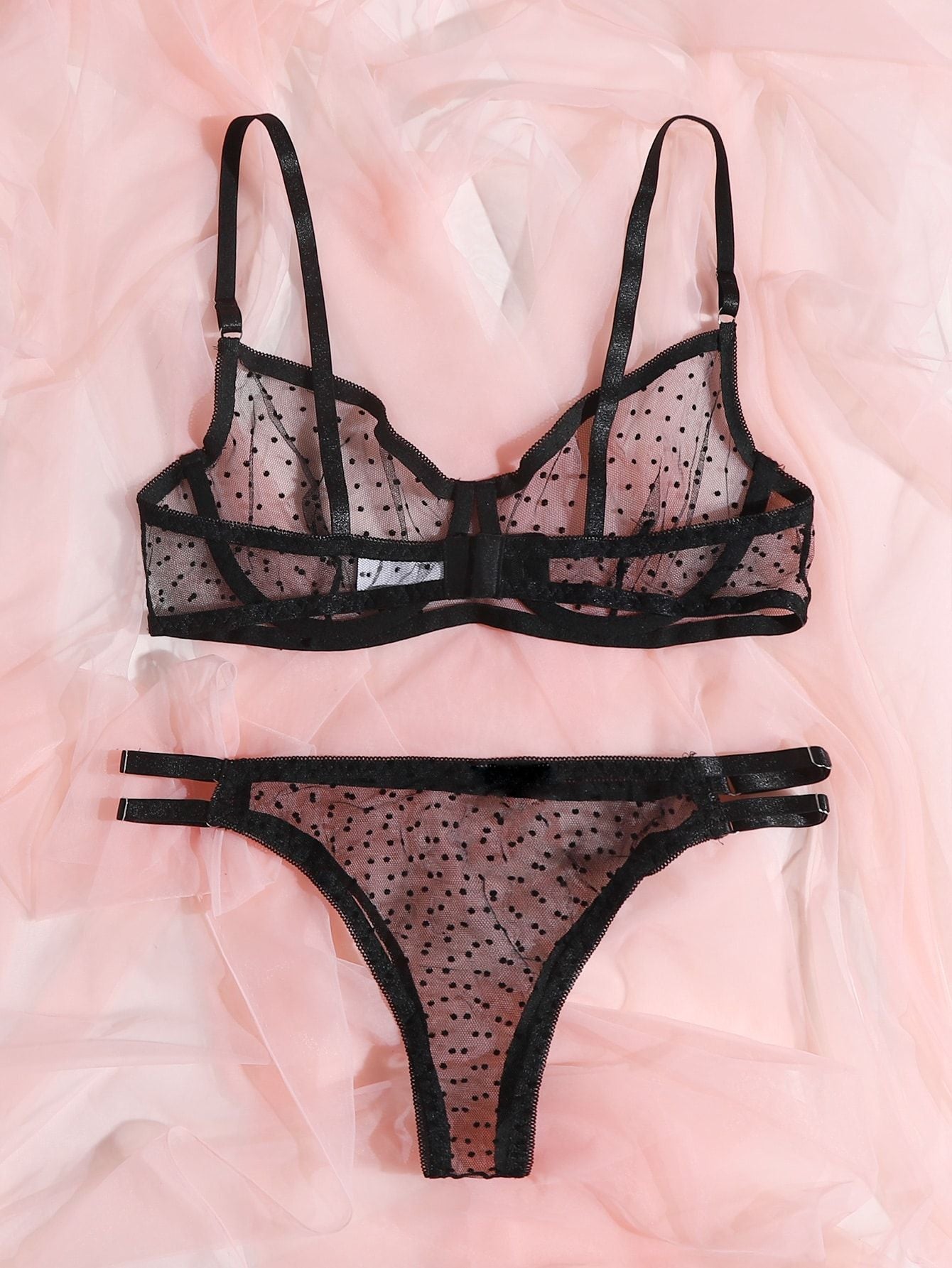 Dot Mesh Lace Lingerie Set Underwire See Through Brassiere Sexy Underwear Bra and Panty Transparent
