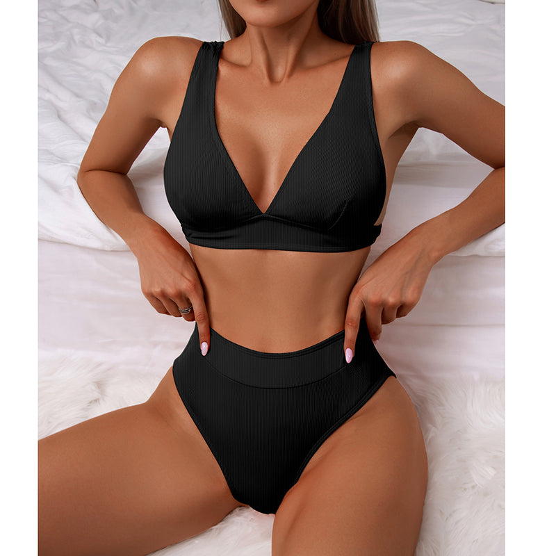COOBBU Ribbed Bikini High Waist Swimsuit Women Push Up Swimwear Sexy V-Neck Biquini Solid Bathing Suit Bikini Set Beachwear