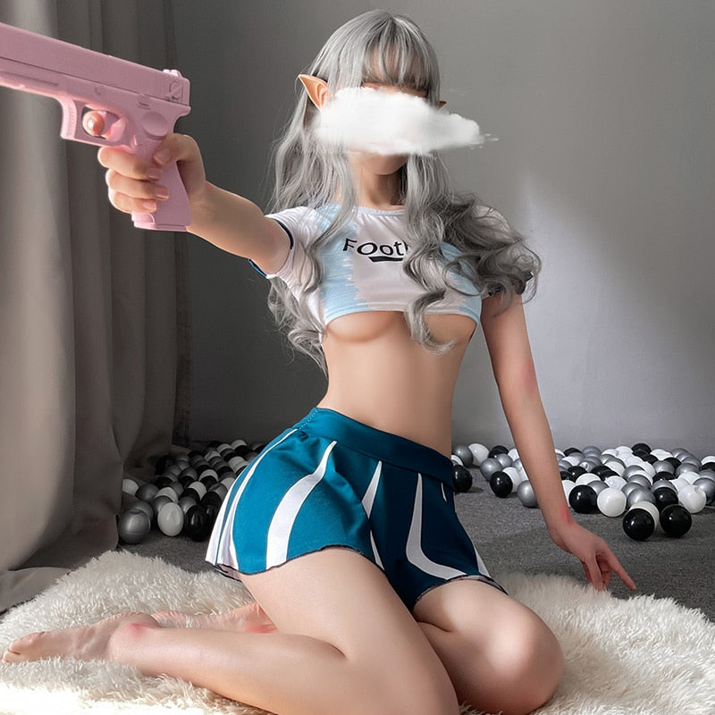 3Pcs O Neck Women Japanese Schoolgirl Cosplay Uniform Bare Chest Sexy Lingerie Cosplay Cheerleader Costume Mini Pleated Skirt