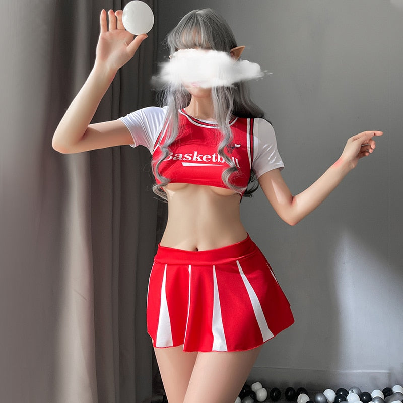 3Pcs O Neck Women Japanese Schoolgirl Cosplay Uniform Bare Chest Sexy Lingerie Cosplay Cheerleader Costume Mini Pleated Skirt