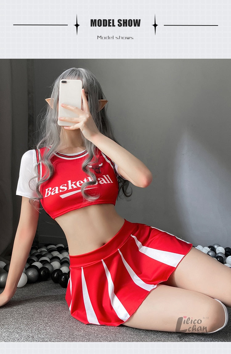 3Pcs O Neck Women Japanese Schoolgirl Cosplay Uniform Bare Chest Sexy Lingerie Cosplay Cheerleader Costume Mini Pleated Skirt