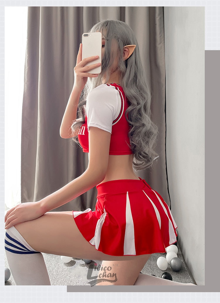 3Pcs O Neck Women Japanese Schoolgirl Cosplay Uniform Bare Chest Sexy Lingerie Cosplay Cheerleader Costume Mini Pleated Skirt