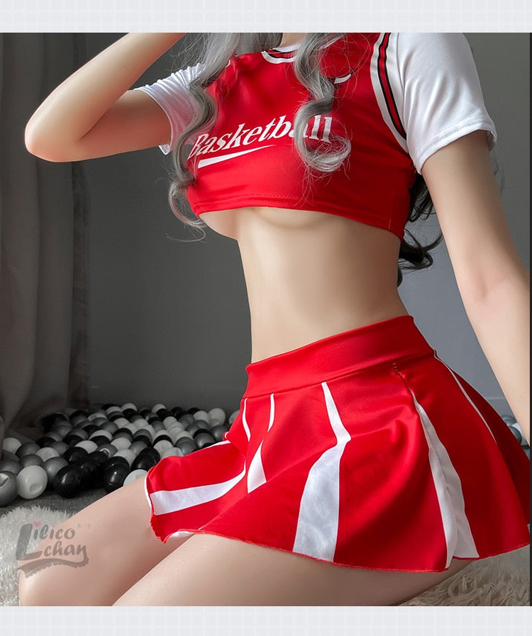 3Pcs O Neck Women Japanese Schoolgirl Cosplay Uniform Bare Chest Sexy Lingerie Cosplay Cheerleader Costume Mini Pleated Skirt